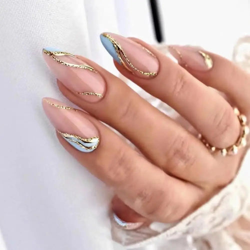 24pcs French False Nails Almond Head Summer Style Glitter Design Fake