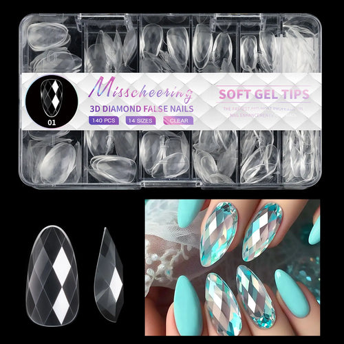 120/140Pcs 3D Diamond Almond Ballet Coffin False Nails Clear Press On