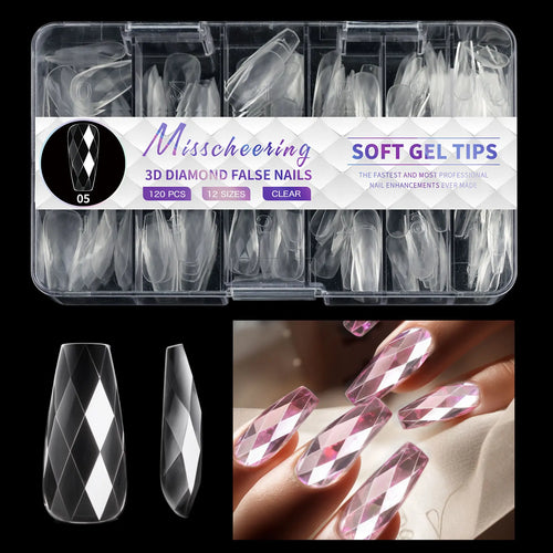 120/140Pcs 3D Diamond Almond Ballet Coffin False Nails Clear Press On