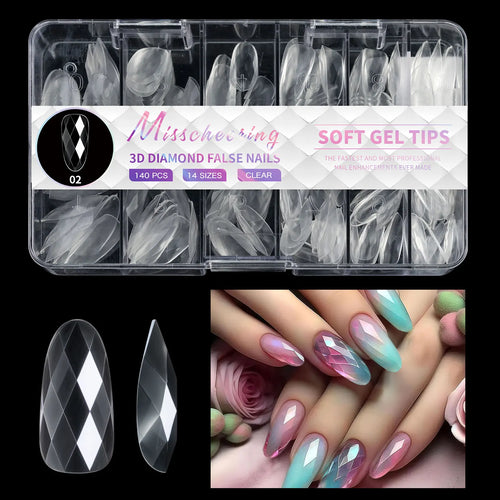 120/140Pcs 3D Diamond Almond Ballet Coffin False Nails Clear Press On