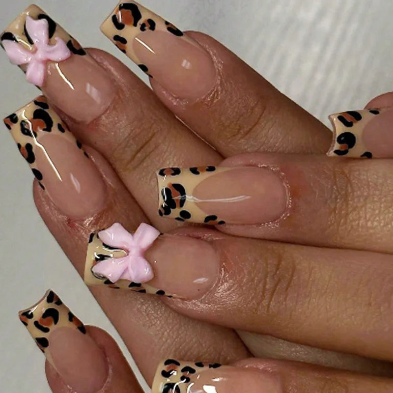 24Pcs Pink French Style Fake Nails 3D Bowknot Designs Short Square