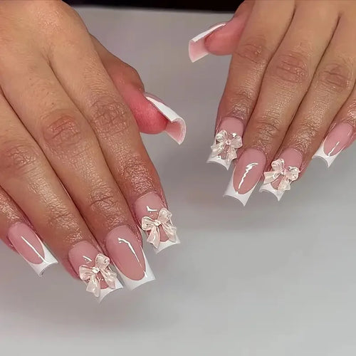 24Pcs Pink French Style Fake Nails 3D Bowknot Designs Short Square