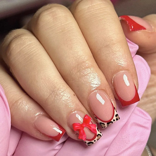 24Pcs Pink French Style Fake Nails 3D Bowknot Designs Short Square