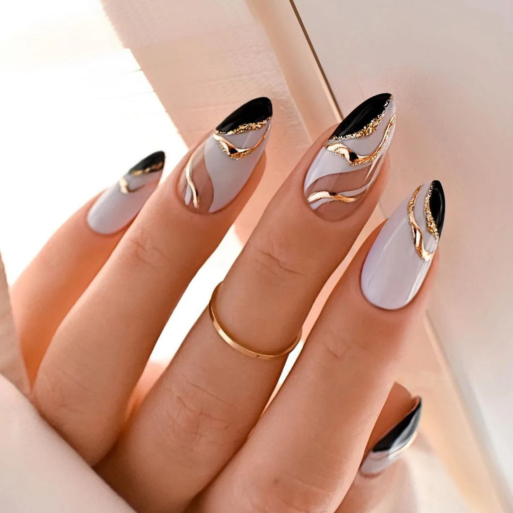 24pcs French False Nails Almond Head Summer Style Glitter Design Fake