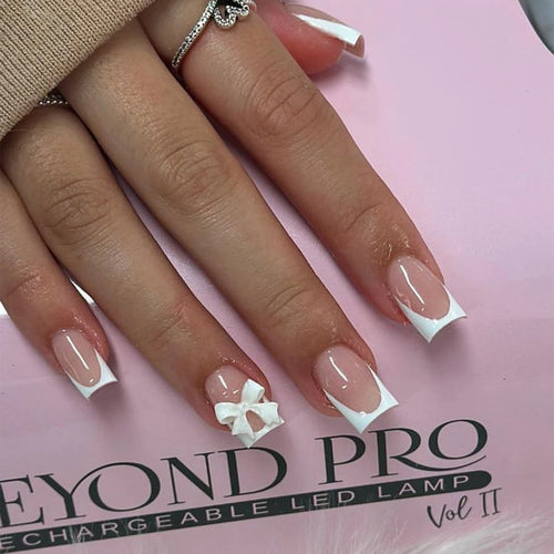 24Pcs Pink French Style Fake Nails 3D Bowknot Designs Short Square