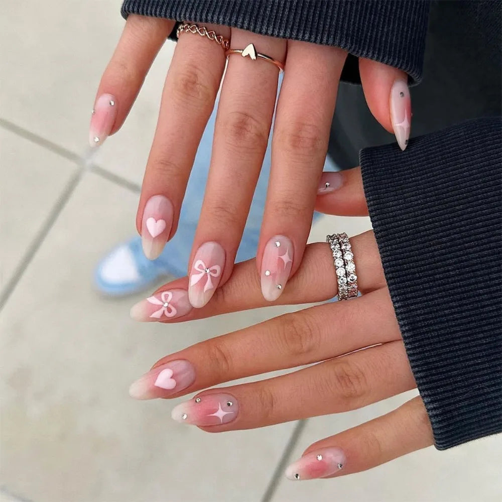 24pcs French False Nails Almond Head Summer Style Glitter Design Fake