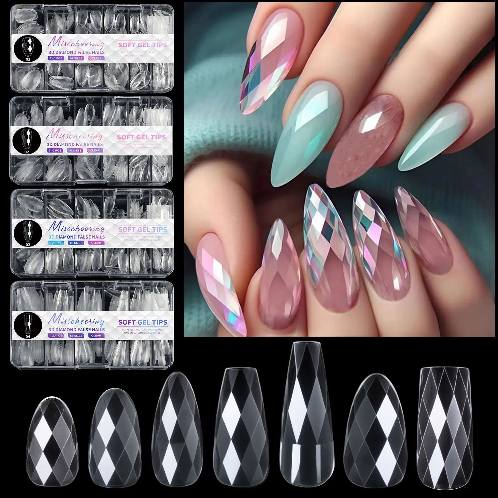 120/140Pcs 3D Diamond Almond Ballet Coffin False Nails Clear Press On