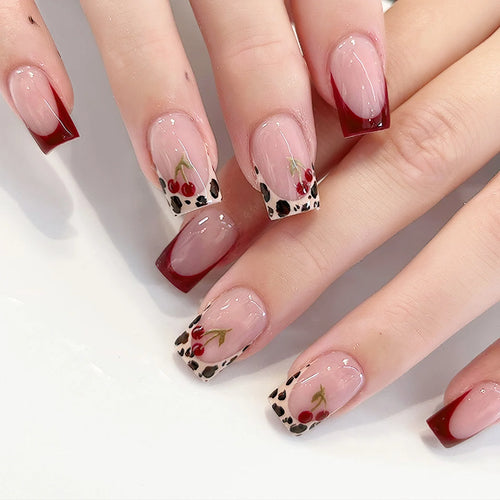 24Pcs Pink French Style Fake Nails 3D Bowknot Designs Short Square