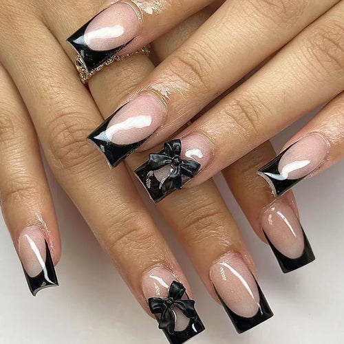 24Pcs Pink French Style Fake Nails 3D Bowknot Designs Short Square