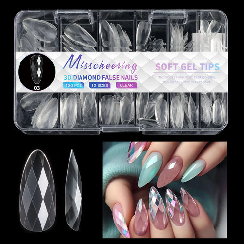 120/140Pcs 3D Diamond Almond Ballet Coffin False Nails Clear Press On