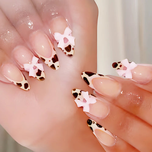 24Pcs Pink French Style Fake Nails 3D Bowknot Designs Short Square