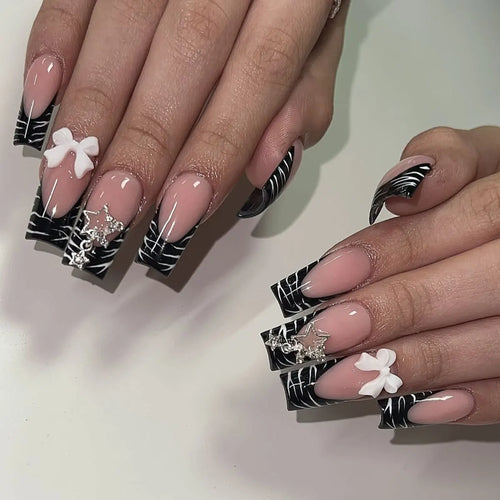24Pcs Pink French Style Fake Nails 3D Bowknot Designs Short Square