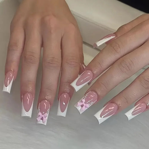 24Pcs Pink French Style Fake Nails 3D Bowknot Designs Short Square