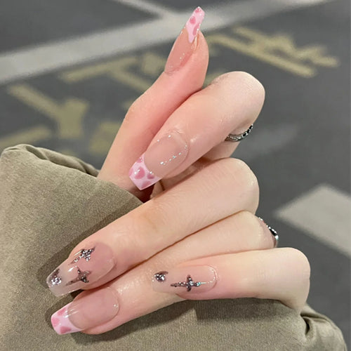 24Pcs Pink French Style Fake Nails 3D Bowknot Designs Short Square