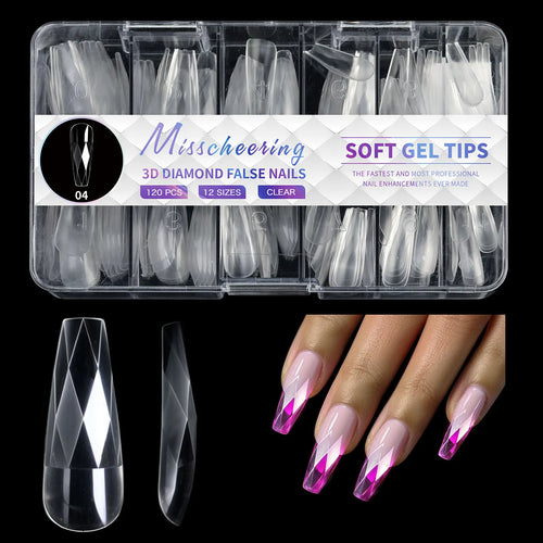 120/140Pcs 3D Diamond Almond Ballet Coffin False Nails Clear Press On