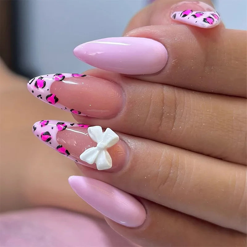 24Pcs Pink French Style Fake Nails 3D Bowknot Designs Short Square