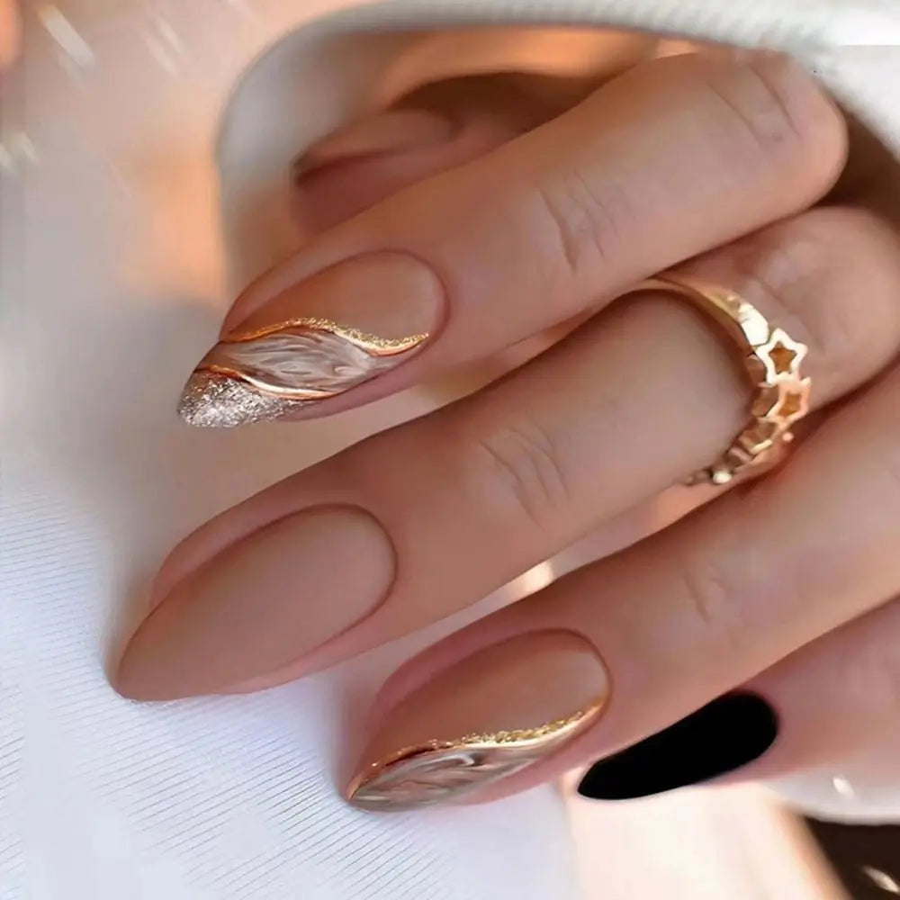 24pcs French False Nails Almond Head Summer Style Glitter Design Fake