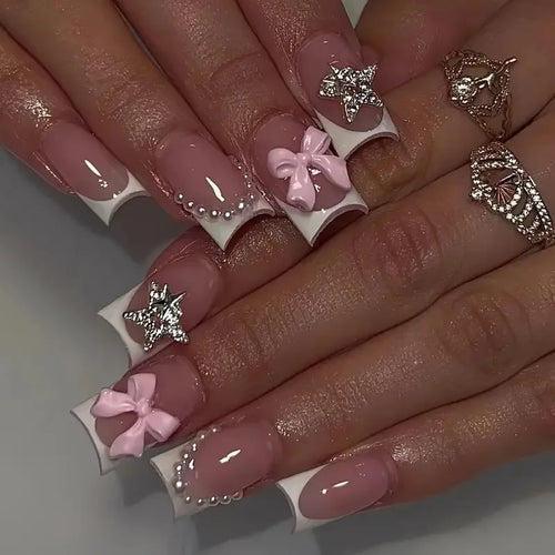 24Pcs Pink French Style Fake Nails 3D Bowknot Designs Short Square