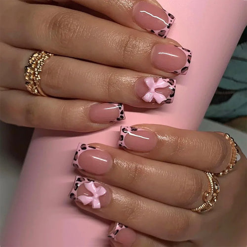 24Pcs Pink French Style Fake Nails 3D Bowknot Designs Short Square