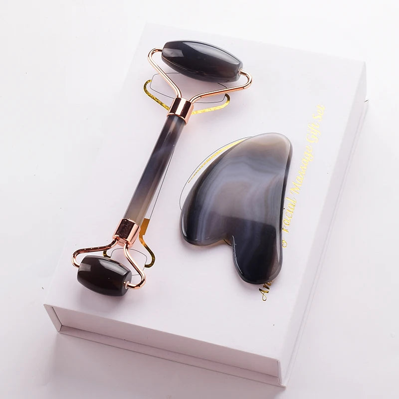 Grey agate Jade Roller Massager Gouache Scraper For Face Facial Skin